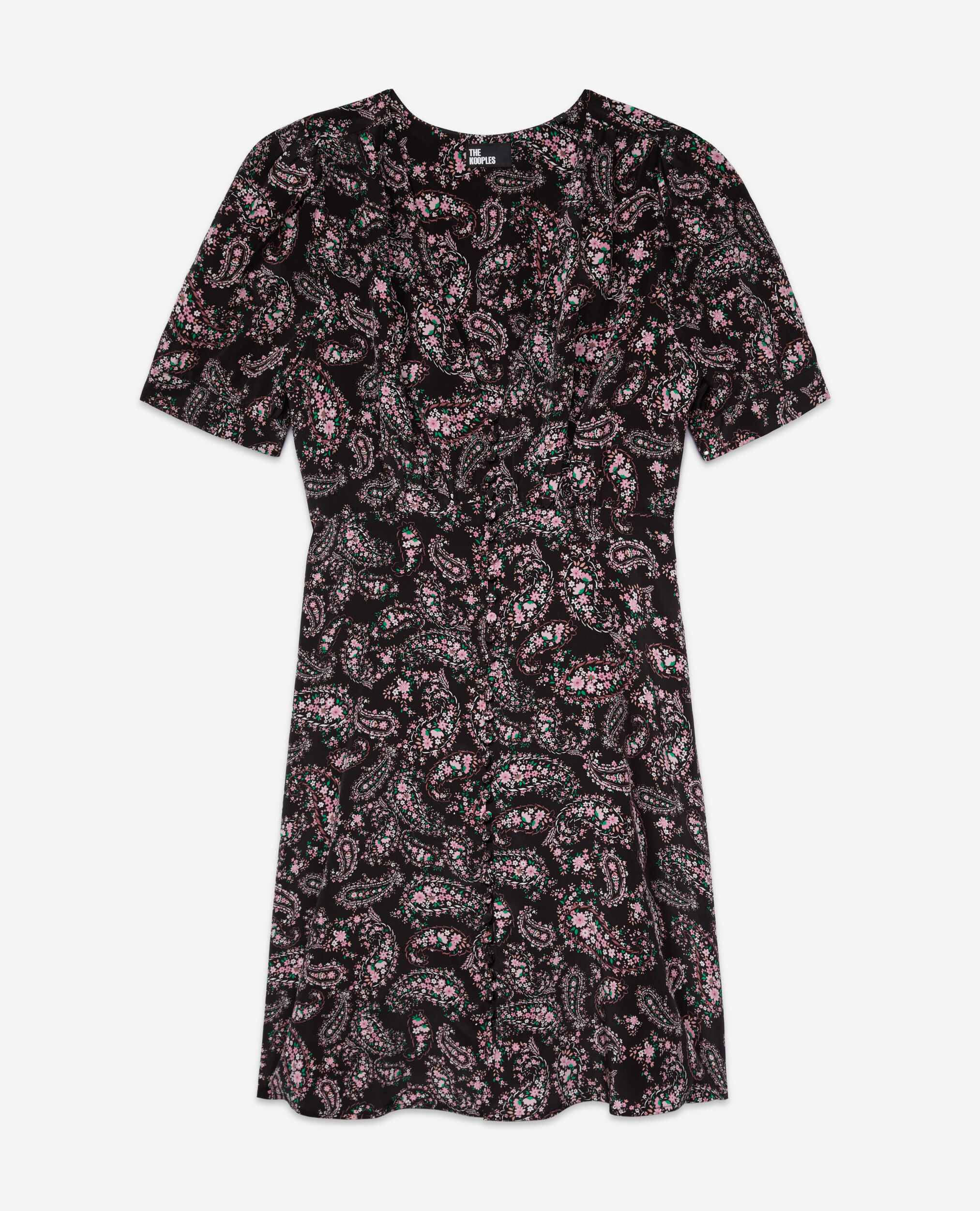 Black and pink paisley print short dress with buttons