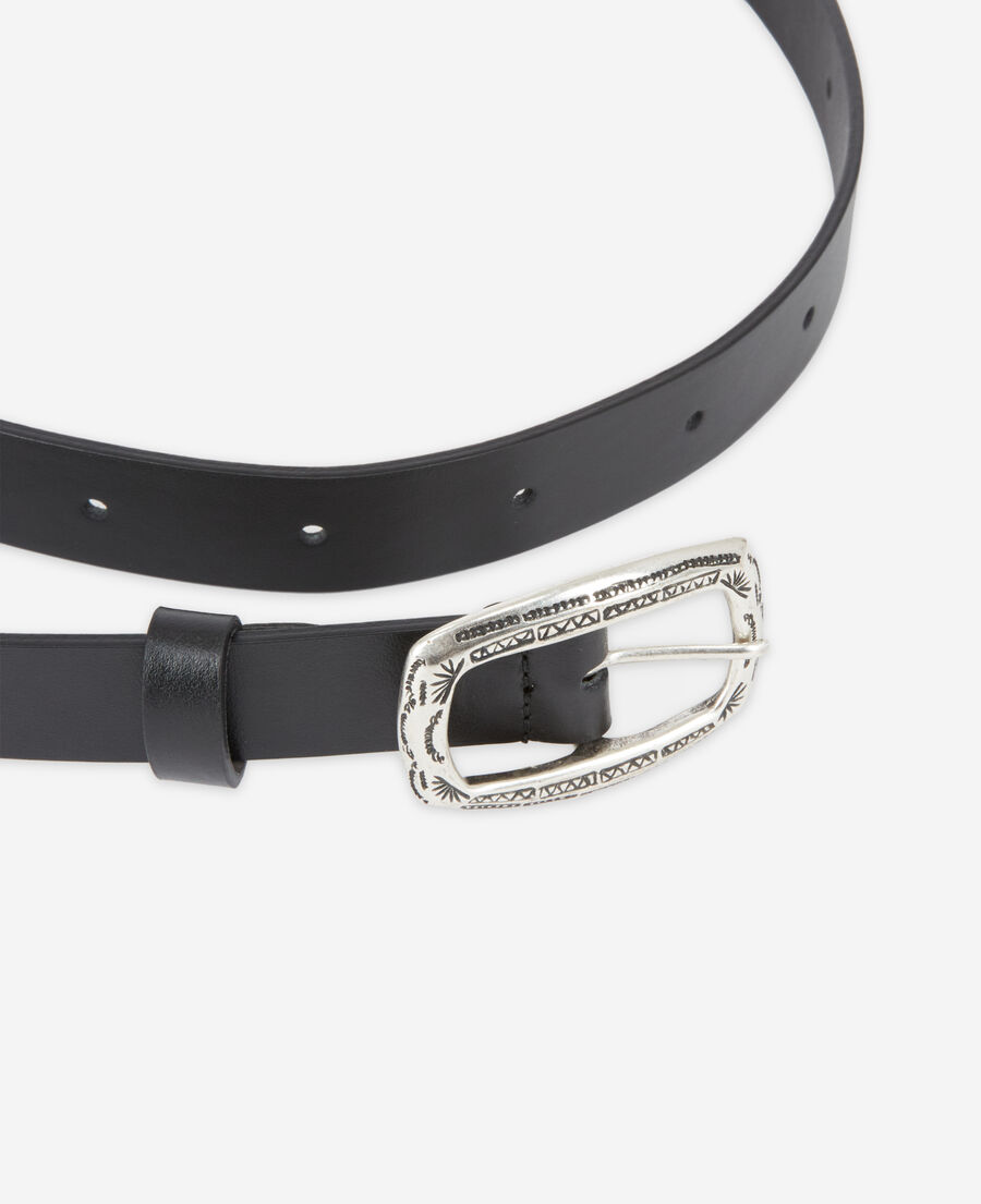 thin black leather belt with rectangular buckle