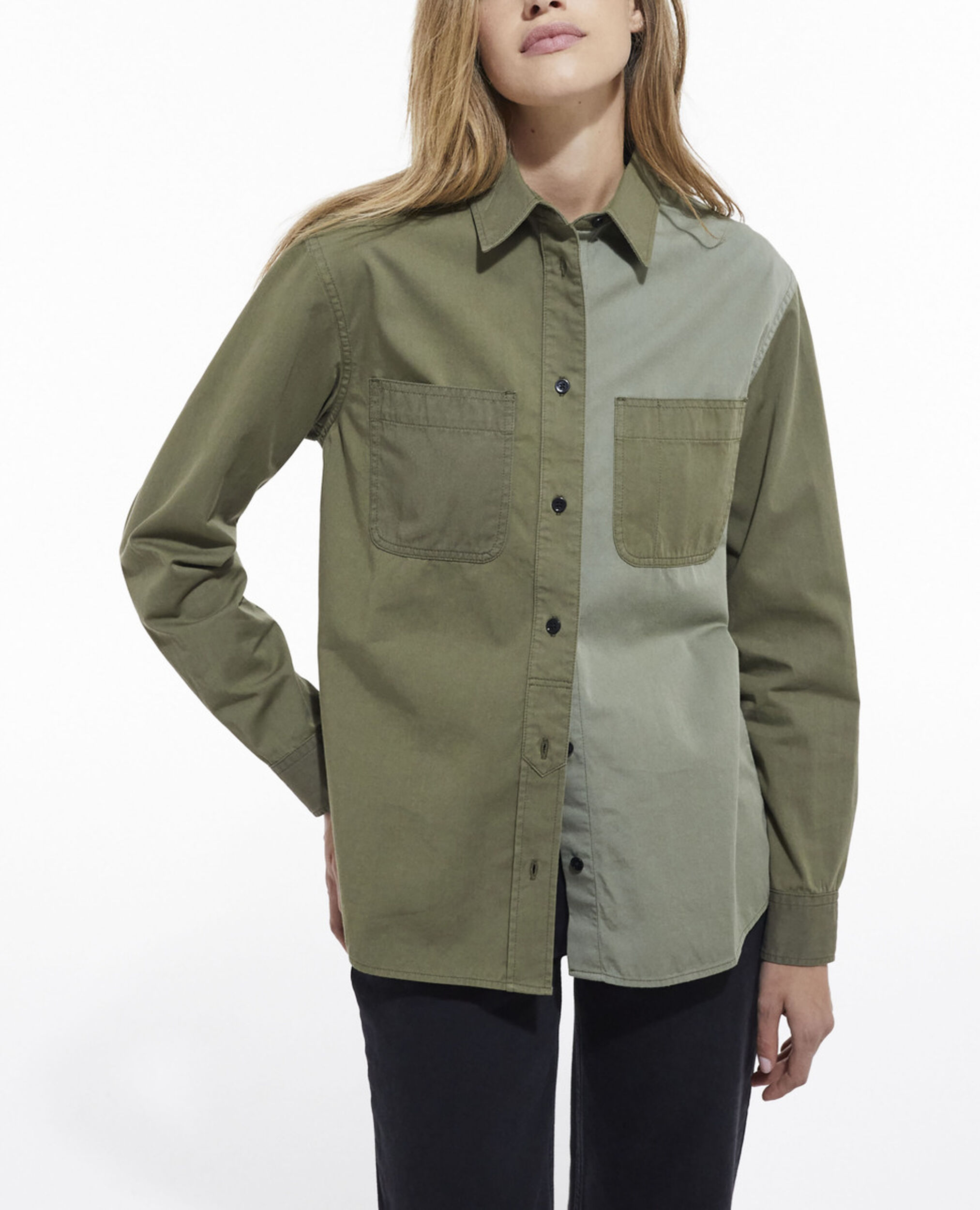 Khaki patchwork denim shirt, OLIVE NIGHT, hi-res image number null
