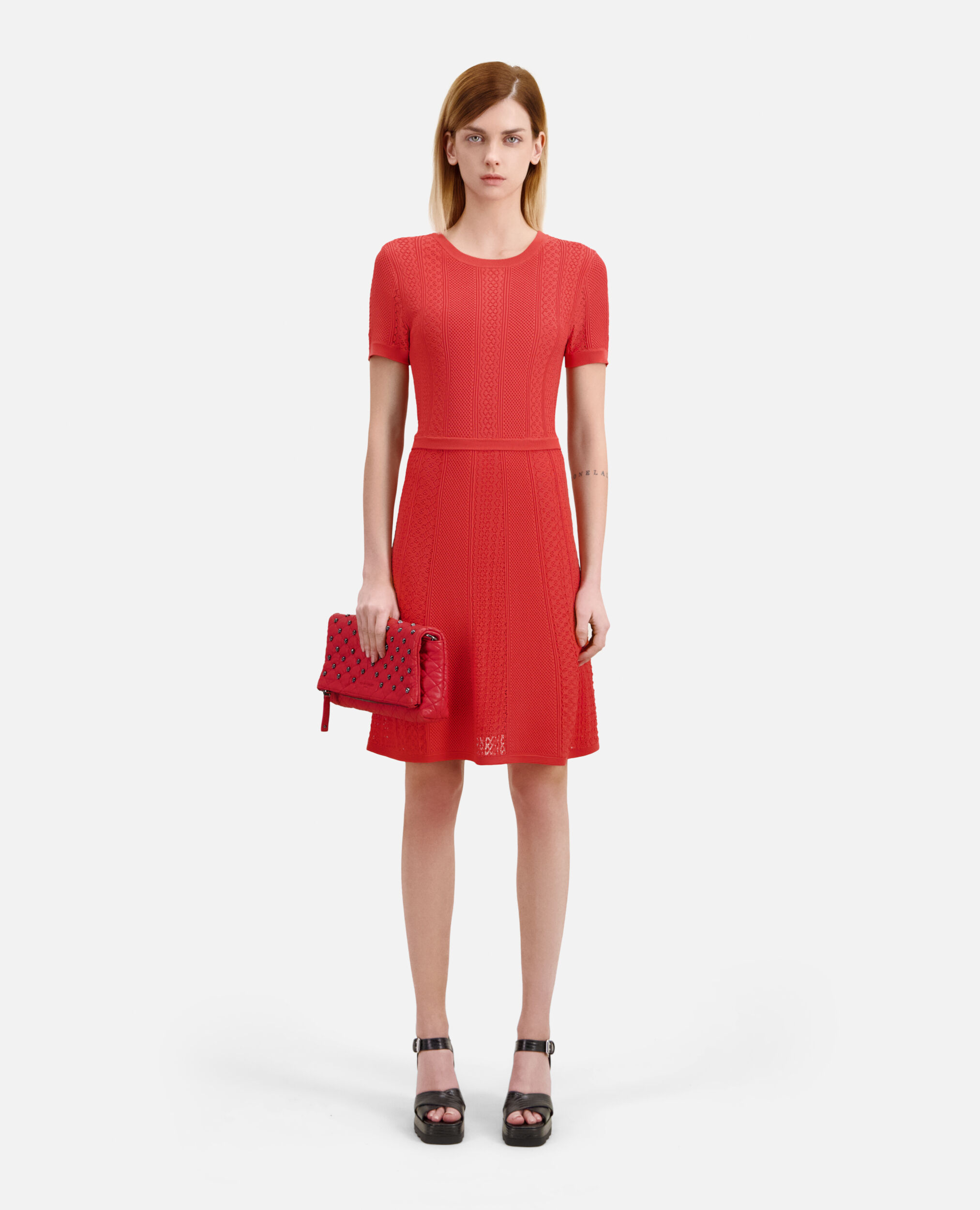 Short red openwork knit dress, RED BRIQUE, hi-res image number null