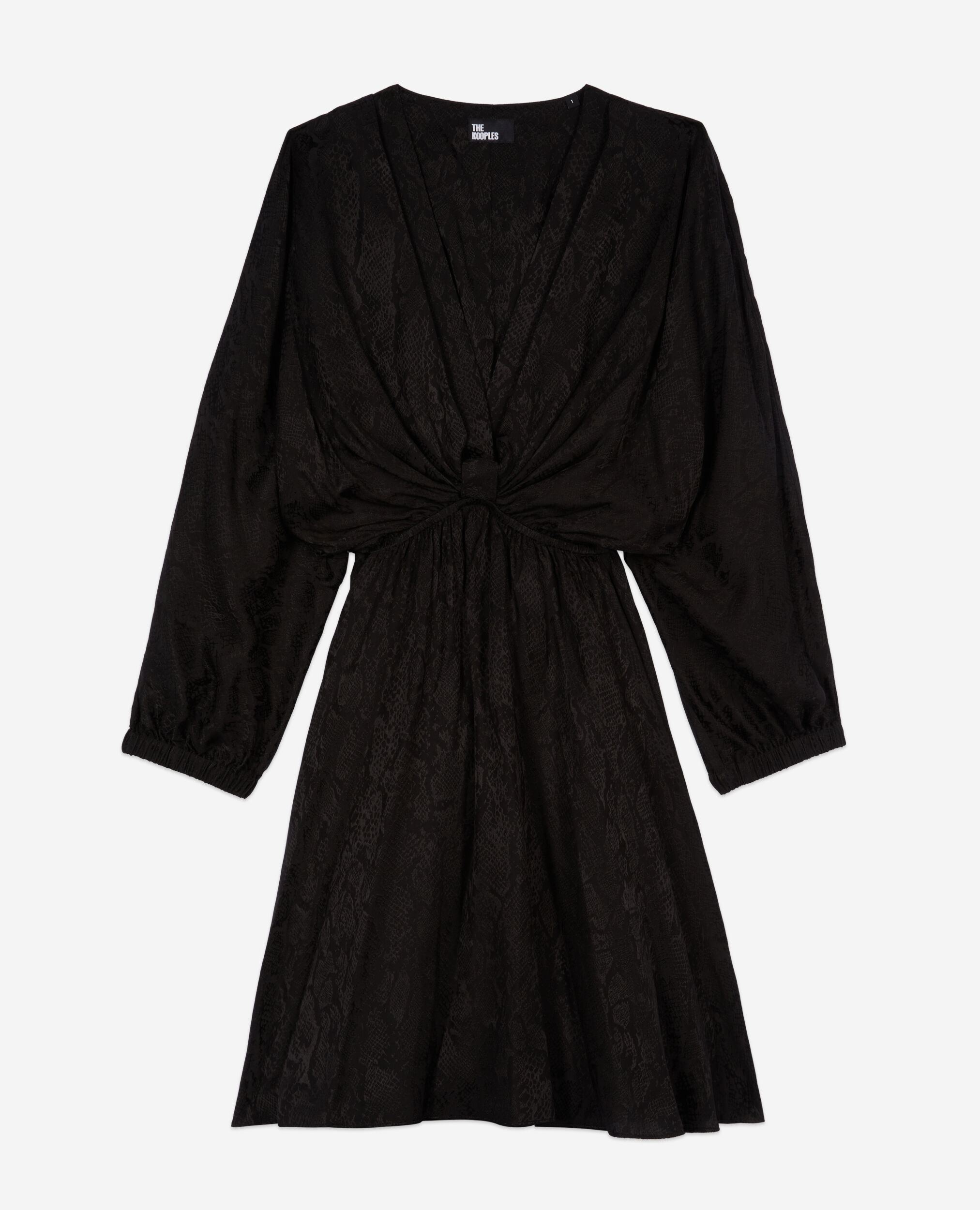 Short black python jacquard dress with draping, BLACK, hi-res image number null