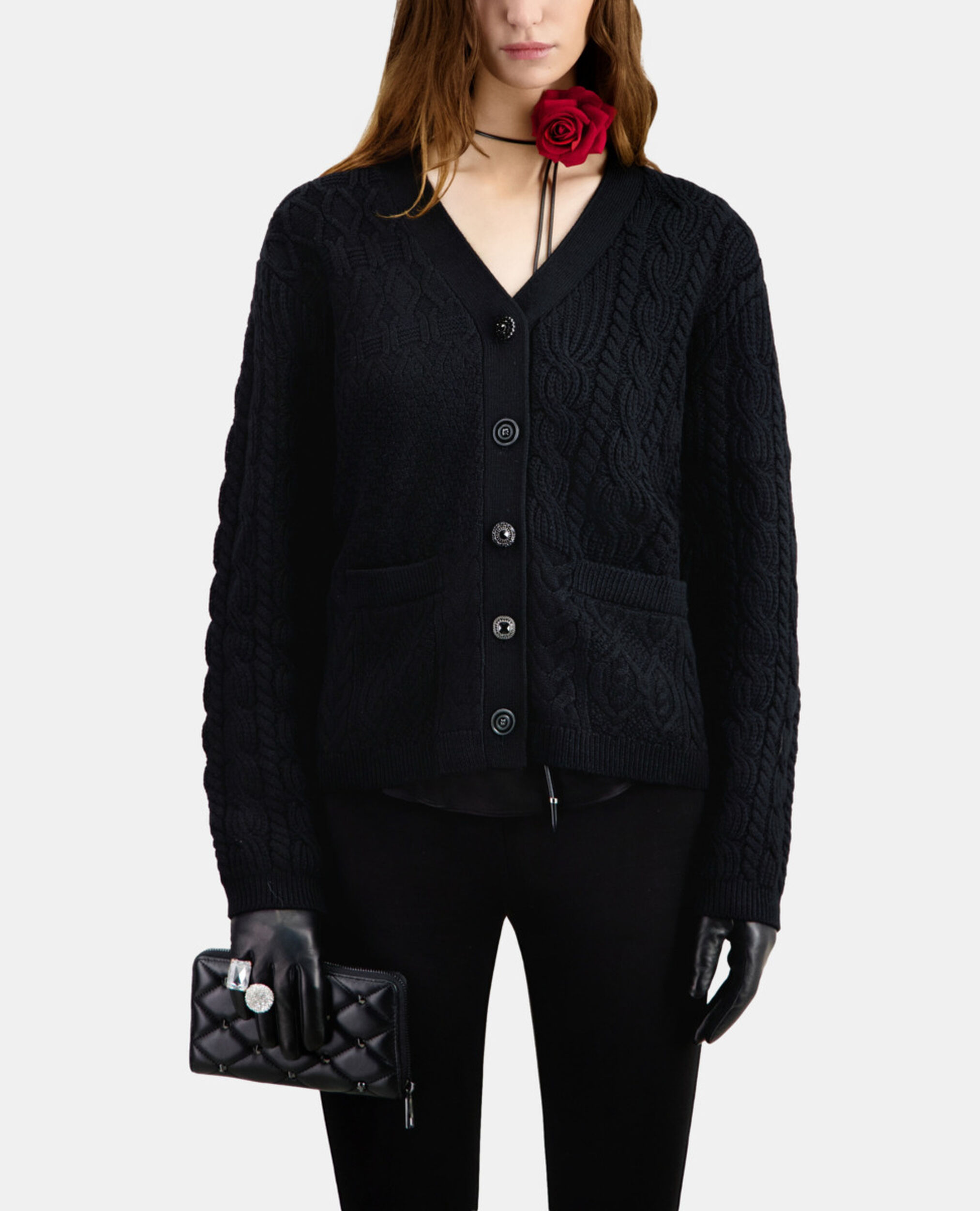 Cardigan noir en laine torsadée, BLACK, hi-res image number null