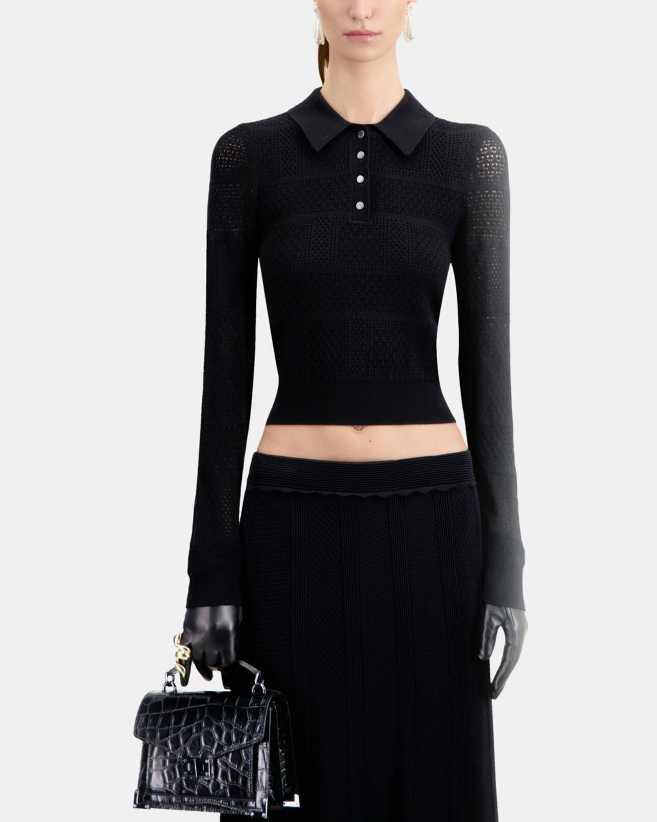 The Kooples FEMME BLACK polo en maille ajourée noir