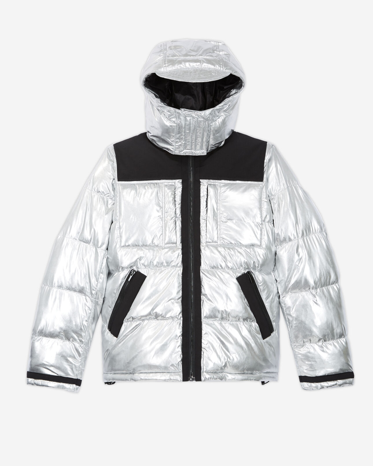 The Kooples WOMEN SILVER silver down jacket with straps and logo