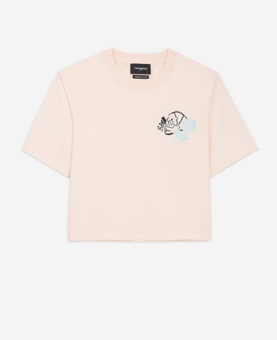 pink cotton embroidered t-shirt w/ crew neck
