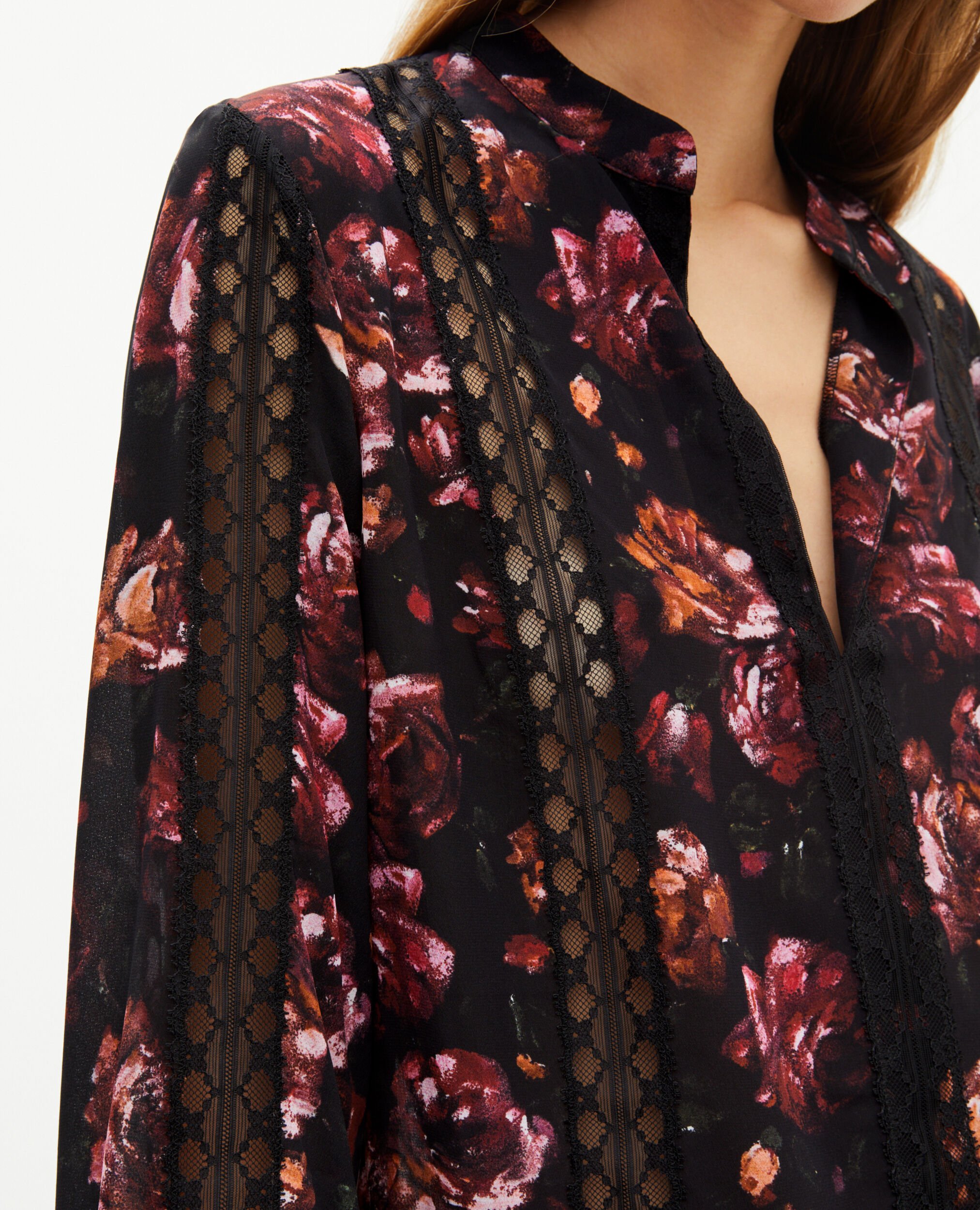 Rose-print blouse in burgundy silk blend, BLACK - RED, hi-res image number null