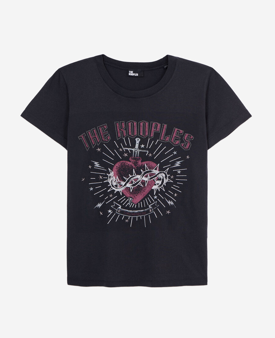The Kooples F BLACK women's black t-shirt with dagger through heart serigraphy