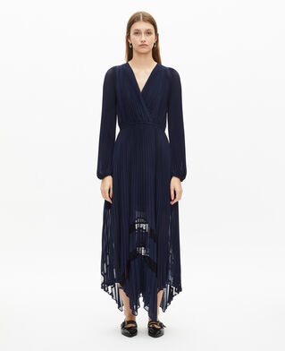 The Kooples FEMME NAVY robe longue plissée avec dentelle bleu marine