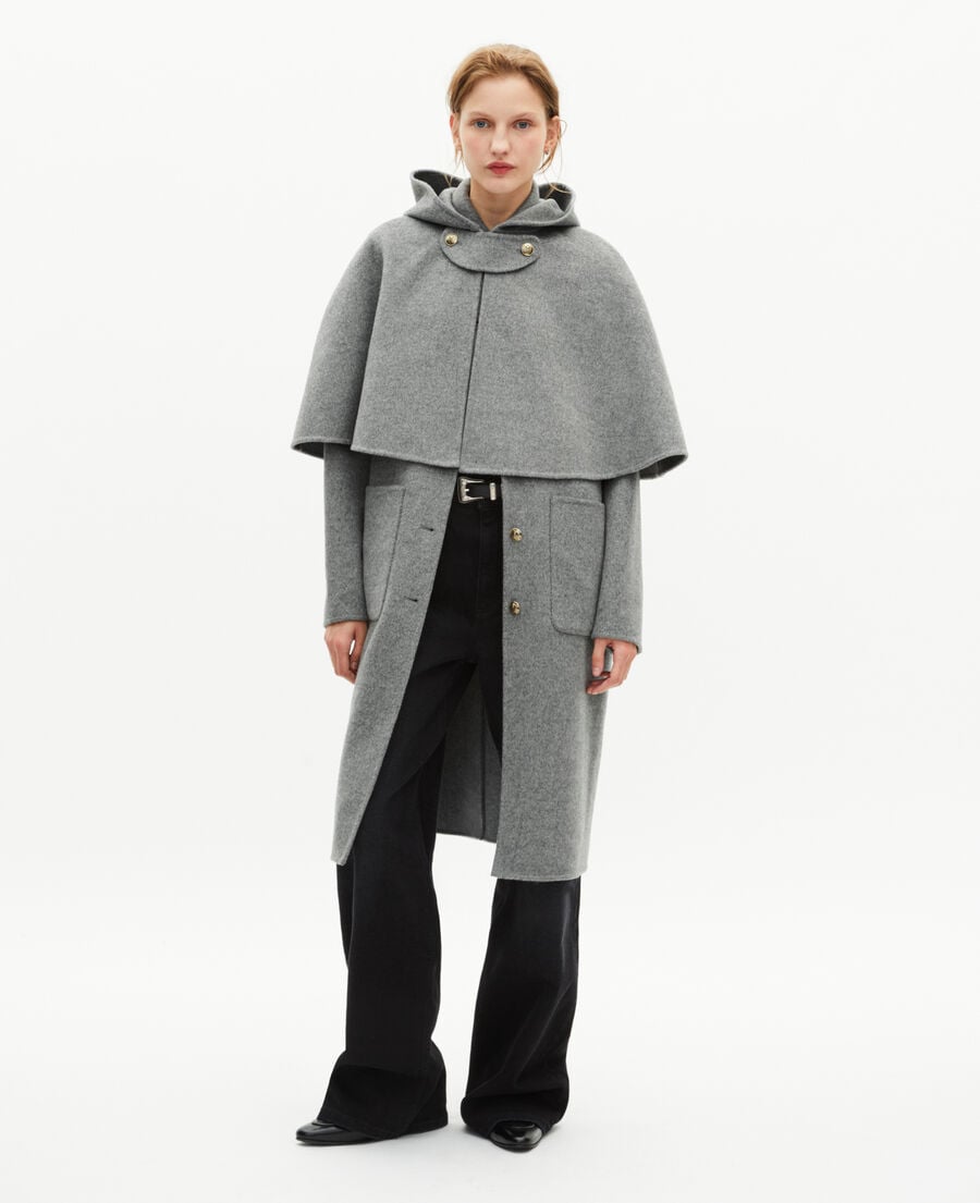 The Kooples DAMEN GREY langer mantel aus doppelseitiger wolle mit grauem cape