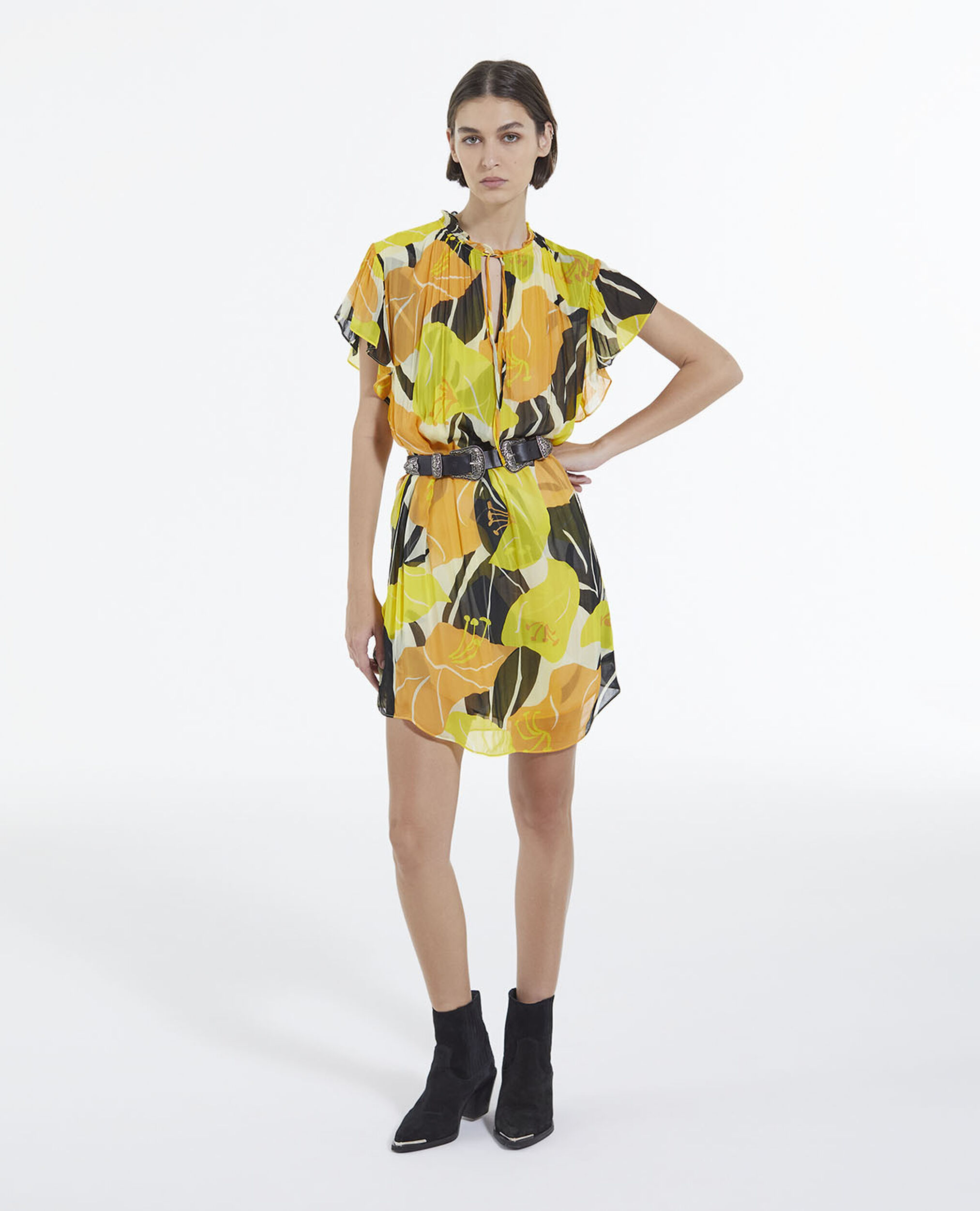 Short yellow floral dress with frilly sleeves, YELLOW, hi-res image number null