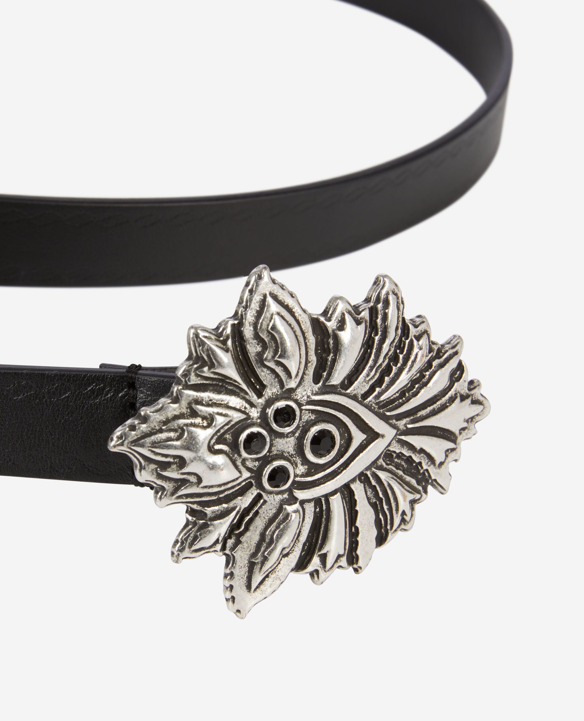 Ceinture fine en cuir noir avec boucle fleur, BLACK, hi-res image number null