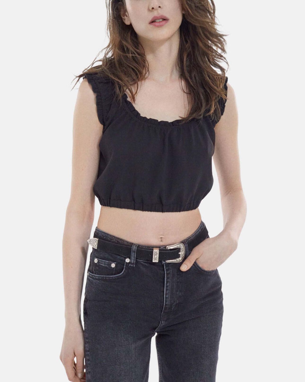 The Kooples WOMEN BLACK black crepe top with short puffed sleeves