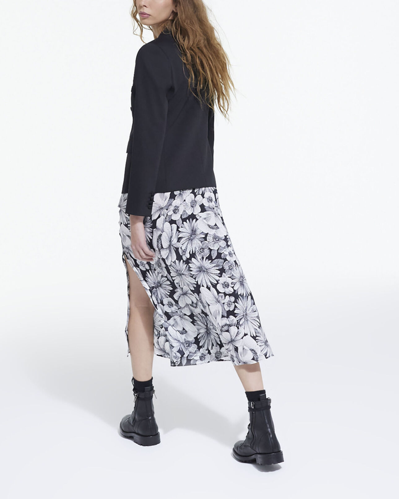 The Kooples FEMME BLACK WHITE jupe longue en soie fleurie