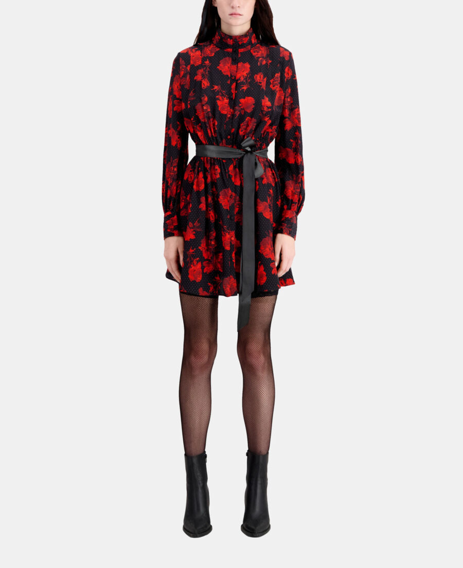 The Kooples WOMEN BLACK - RED short printed silk shirt dress