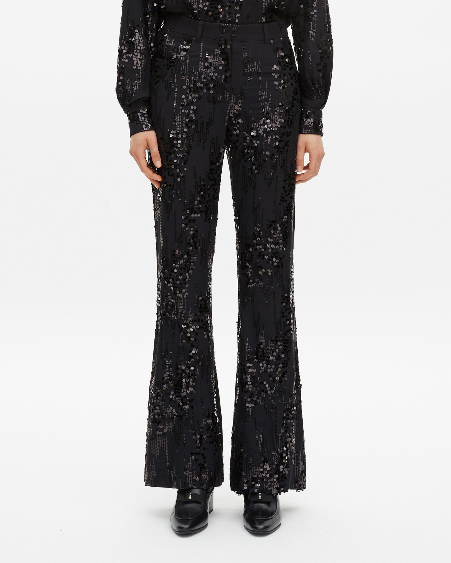 Black sequinned flare pants, BLACK, hi-res image number null