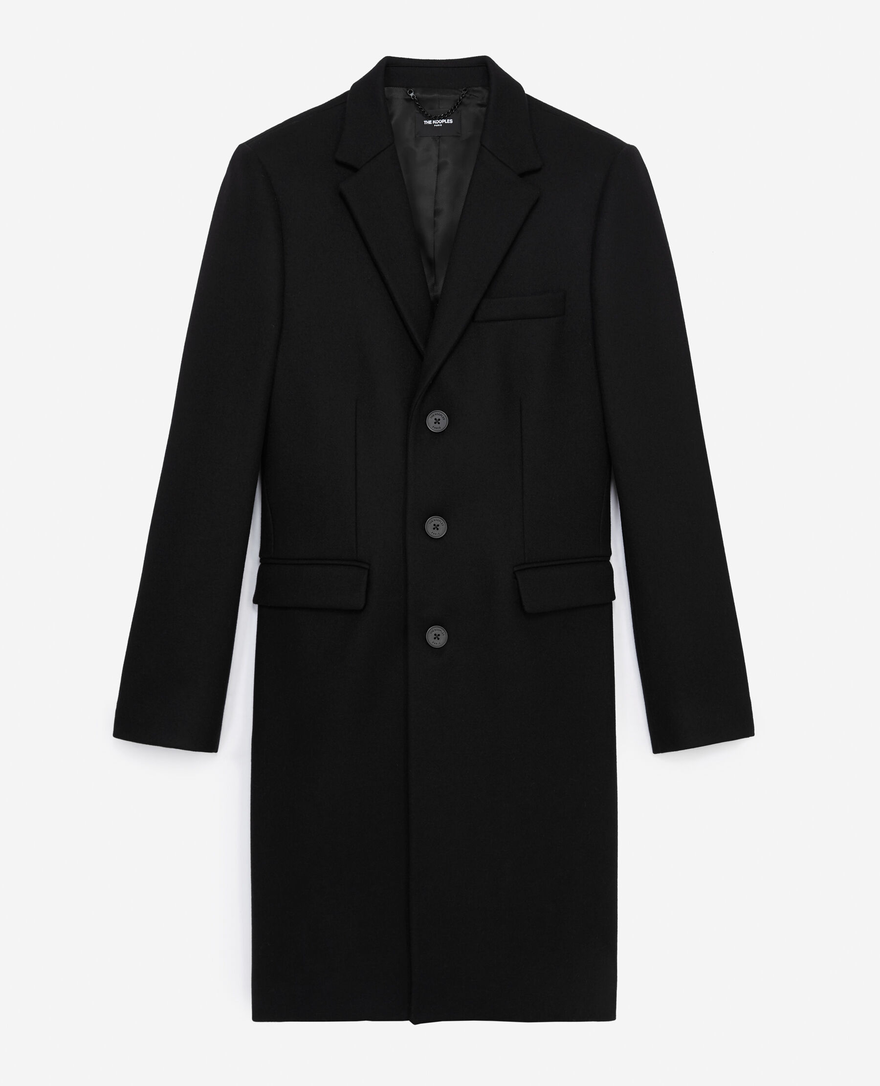 Black straight cut wool coat leather detail The Kooples