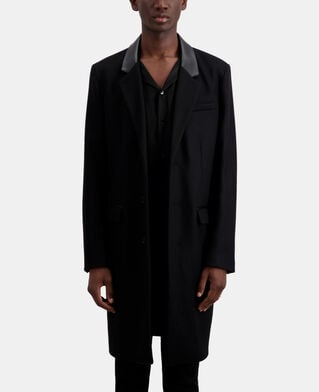 The Kooples H BLACK long black coat in wool blend with leather details