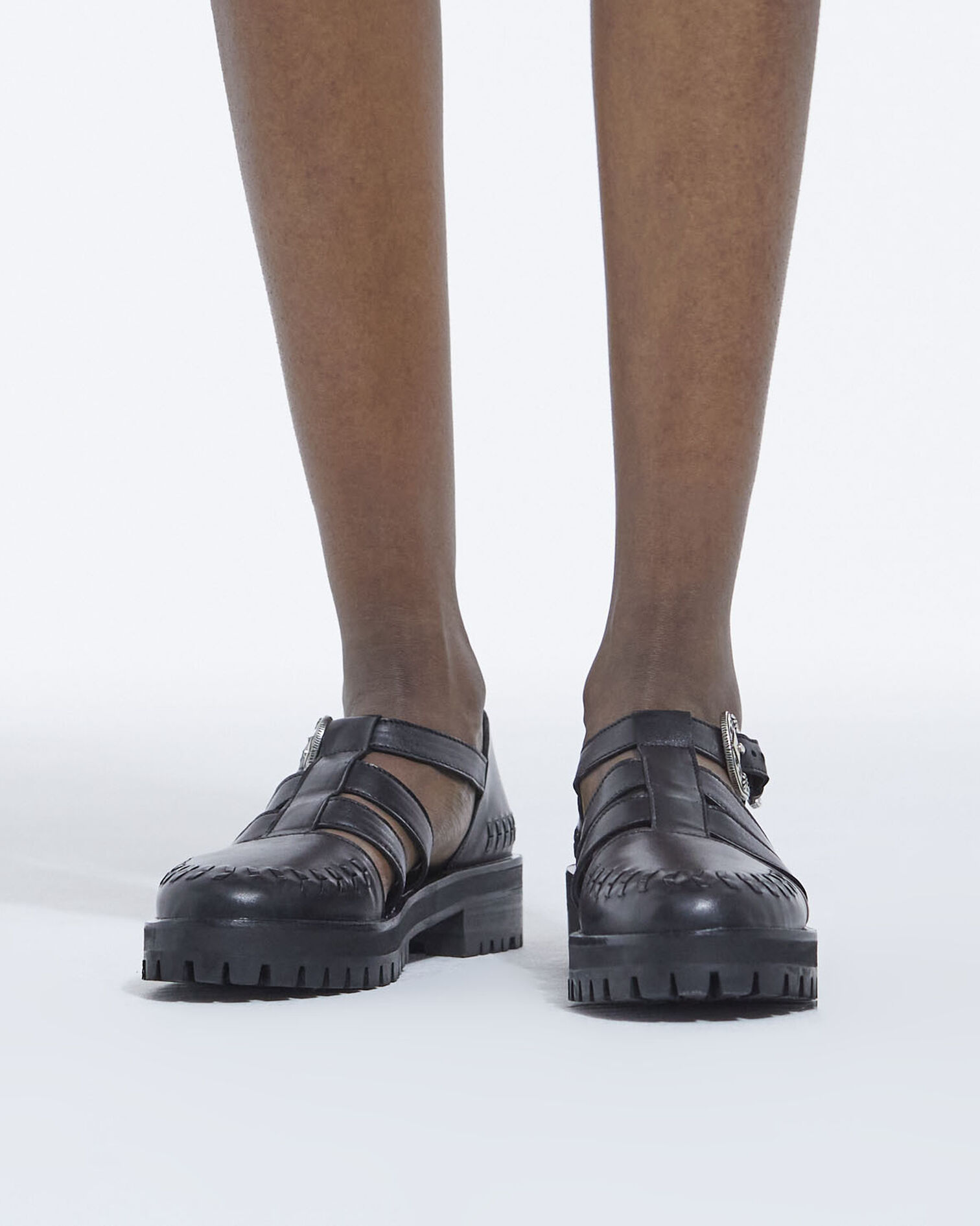 Sandales plates noires cuir lisse western, BLACK, hi-res image number null