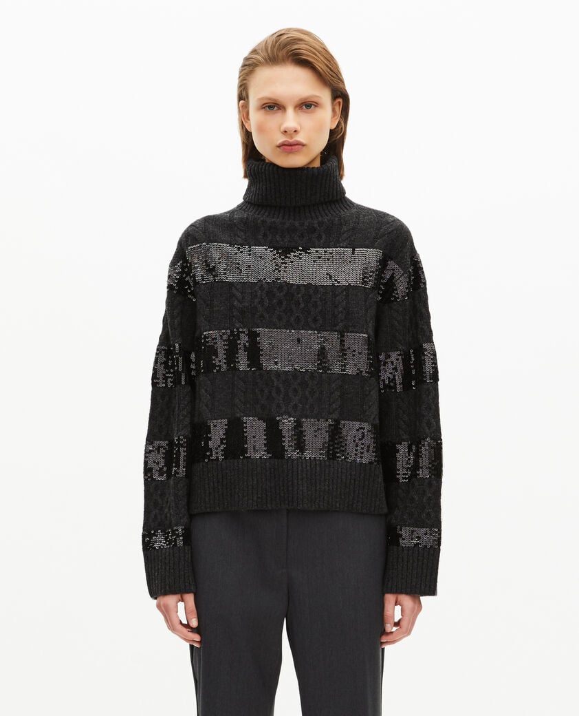 The Kooples F BLACK dark grey turtleneck sweater with sequin stripes