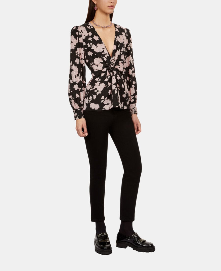 The Kooples FEMME BLACK / PINK top imprim&eacute; avec drap&eacute;