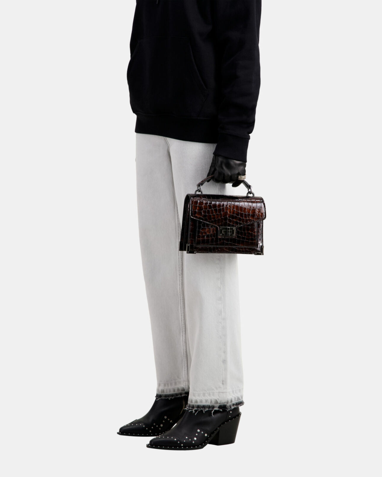 The Kooples FEMME BROWN sac emily small en cuir marron effet crocodile