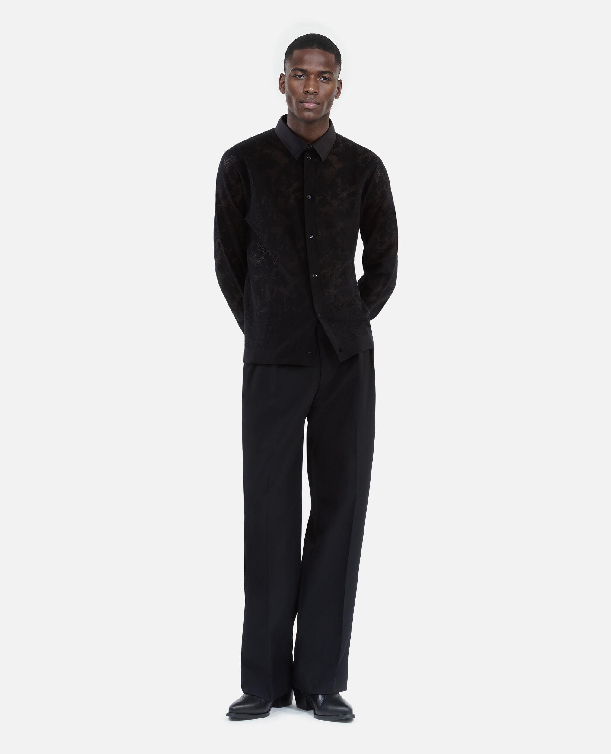 Black lace effect mesh shirt, BLACK, hi-res image number null