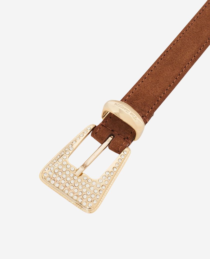 The Kooples WOMEN COGNAC camel suede western buckle belt with gold rhinestones
