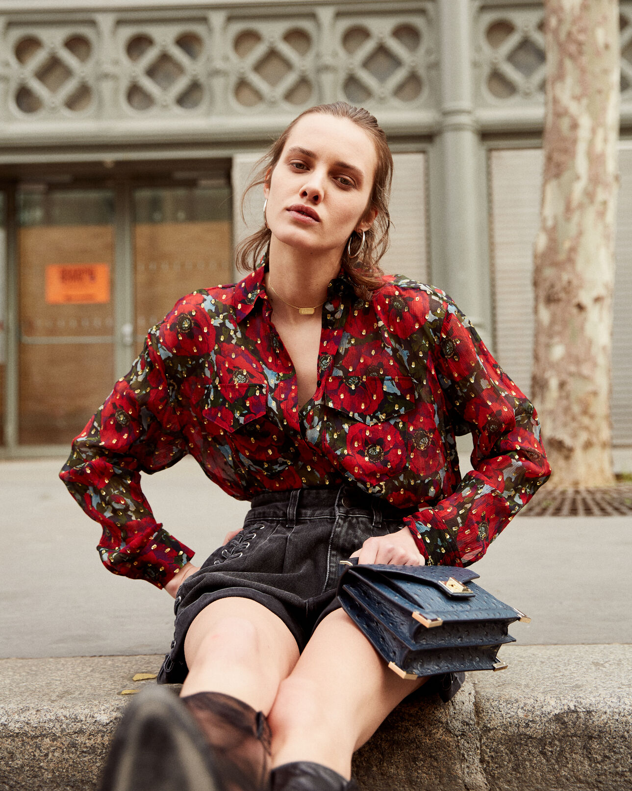 The Kooples MUJER RED / GREEN camisa de muselina de seda con estampado giant poppy