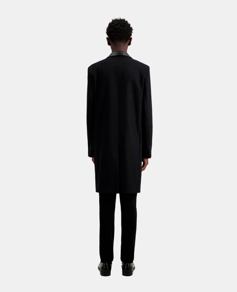 long black coat in wool blend with leather details