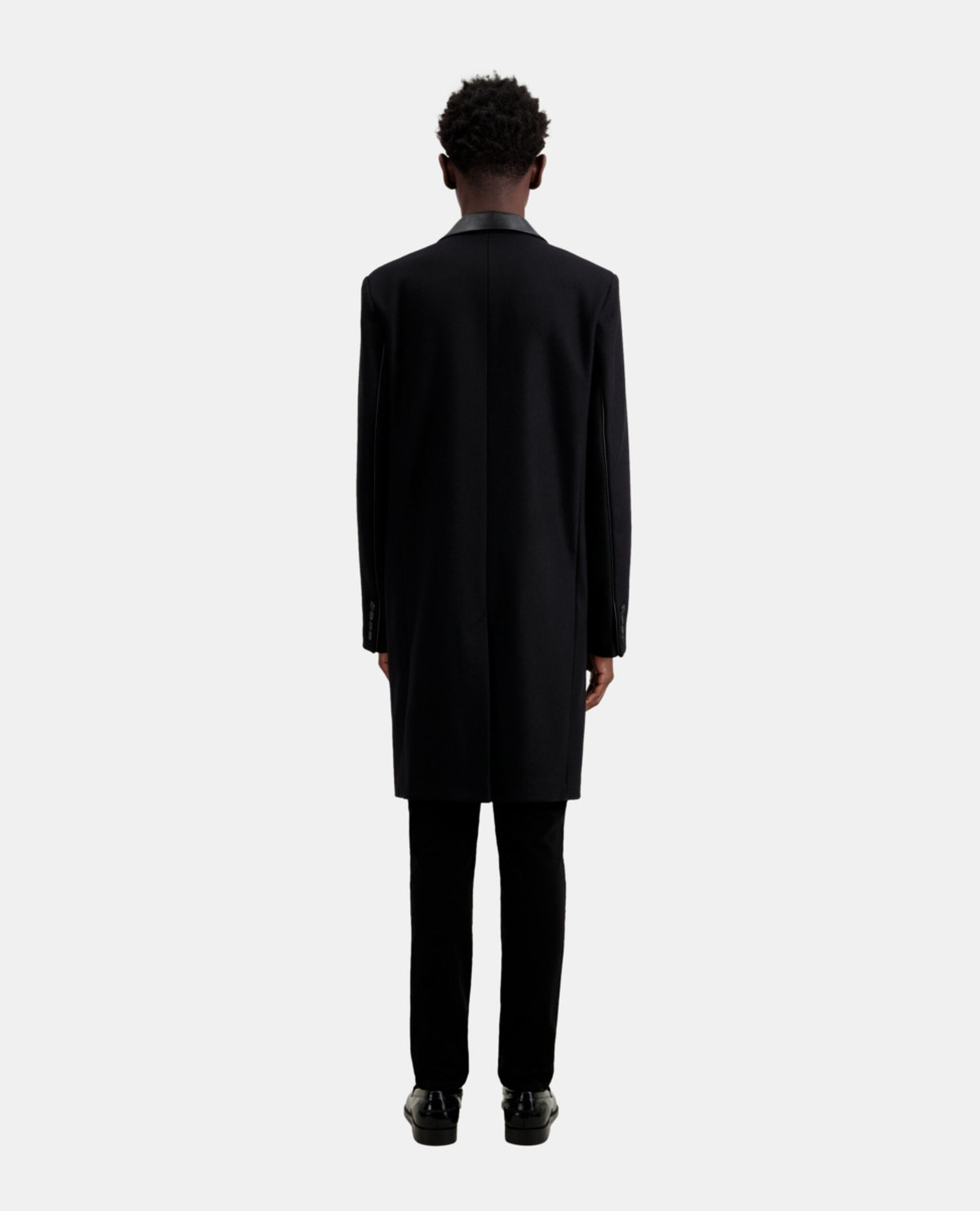Long black coat in wool blend with leather details, BLACK, hi-res image number null