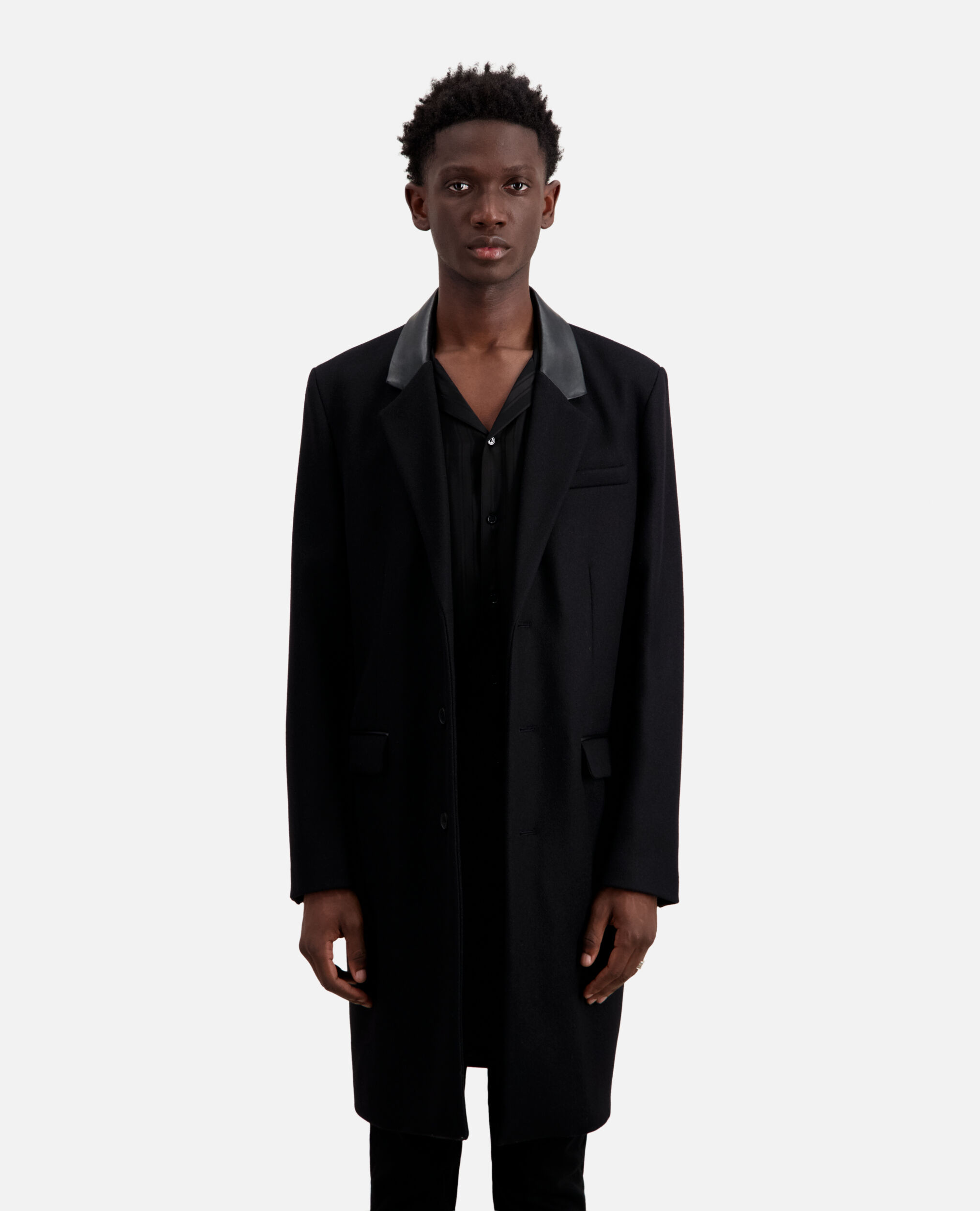 Long black coat in wool blend with leather details, BLACK, hi-res image number null