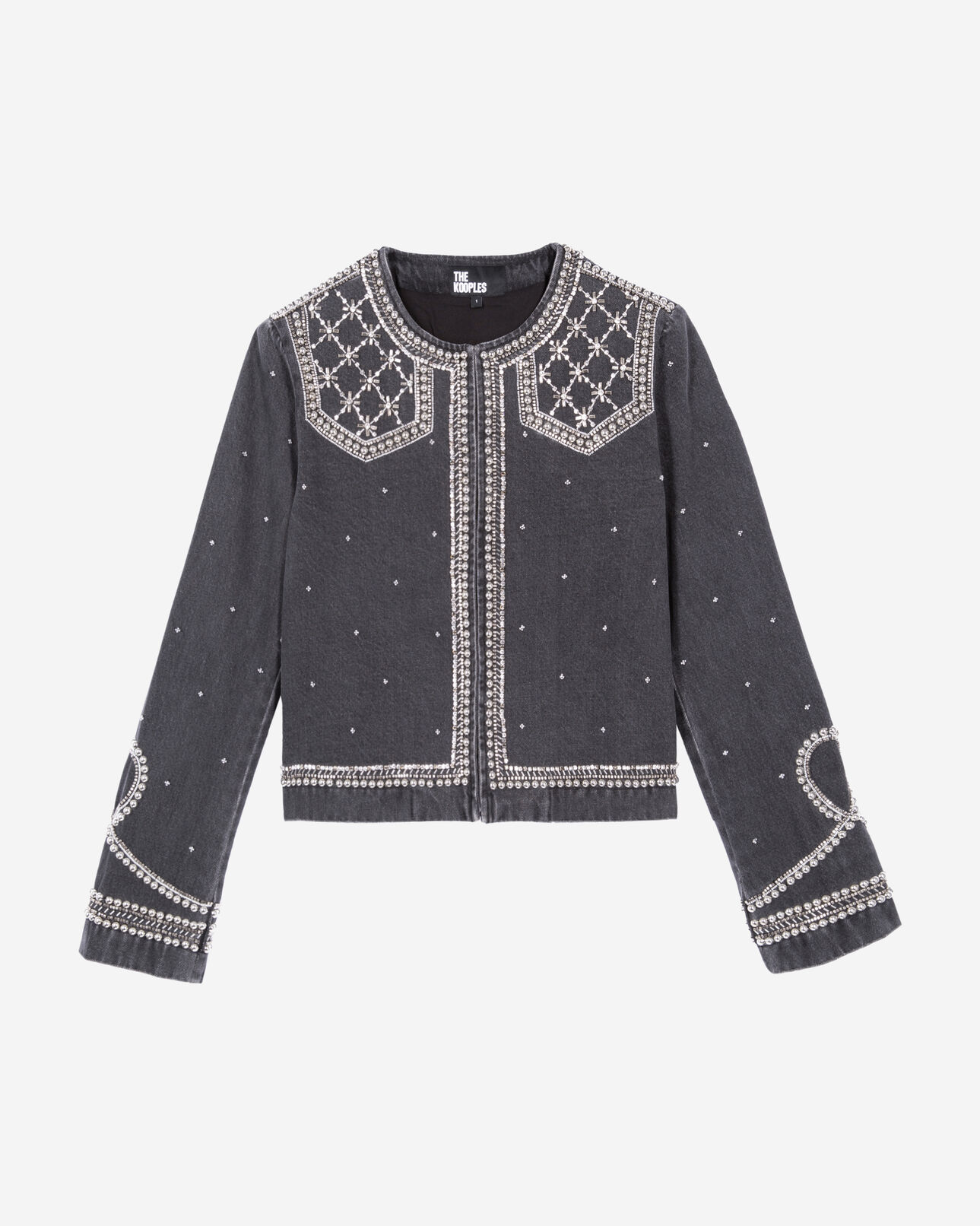 The Kooples FEMME BLACK WASHED veste en denim avec studs et perles gris