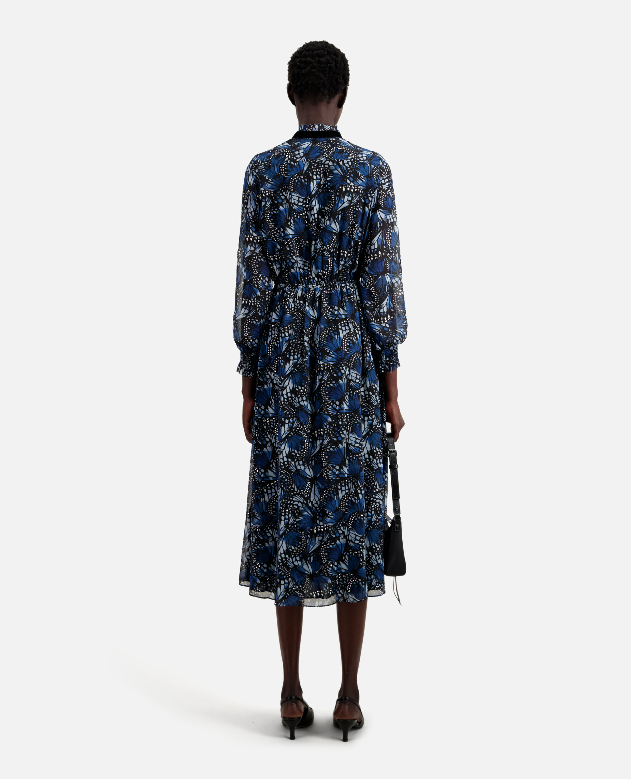 Robe longue imprimée avec plissage, BLUE, hi-res image number null