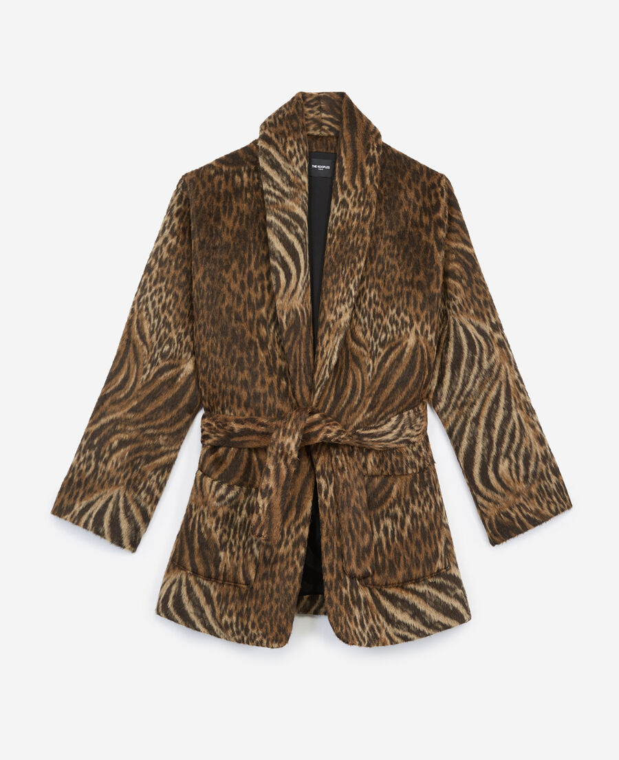 abrigo corto leopardo lana con cinturón