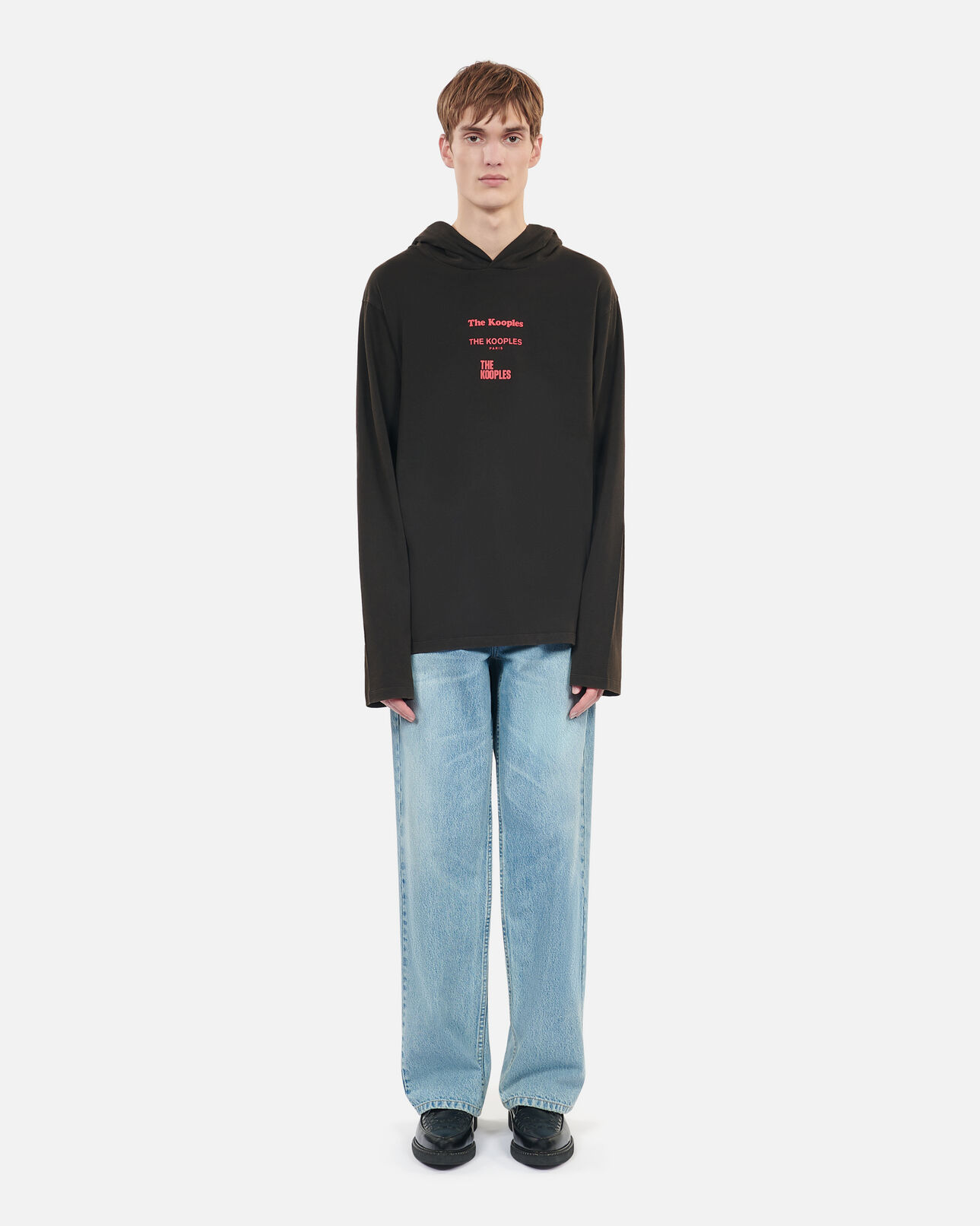 The Kooples MEN BLACK WASHED long-sleeved black hooded locations serigraphy t-shirt