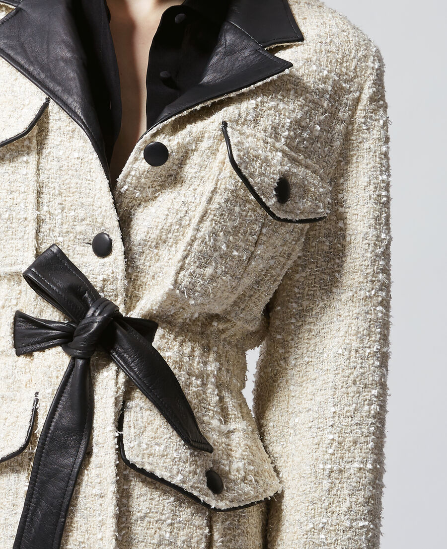 tweed smart ecru jacket with leather detail