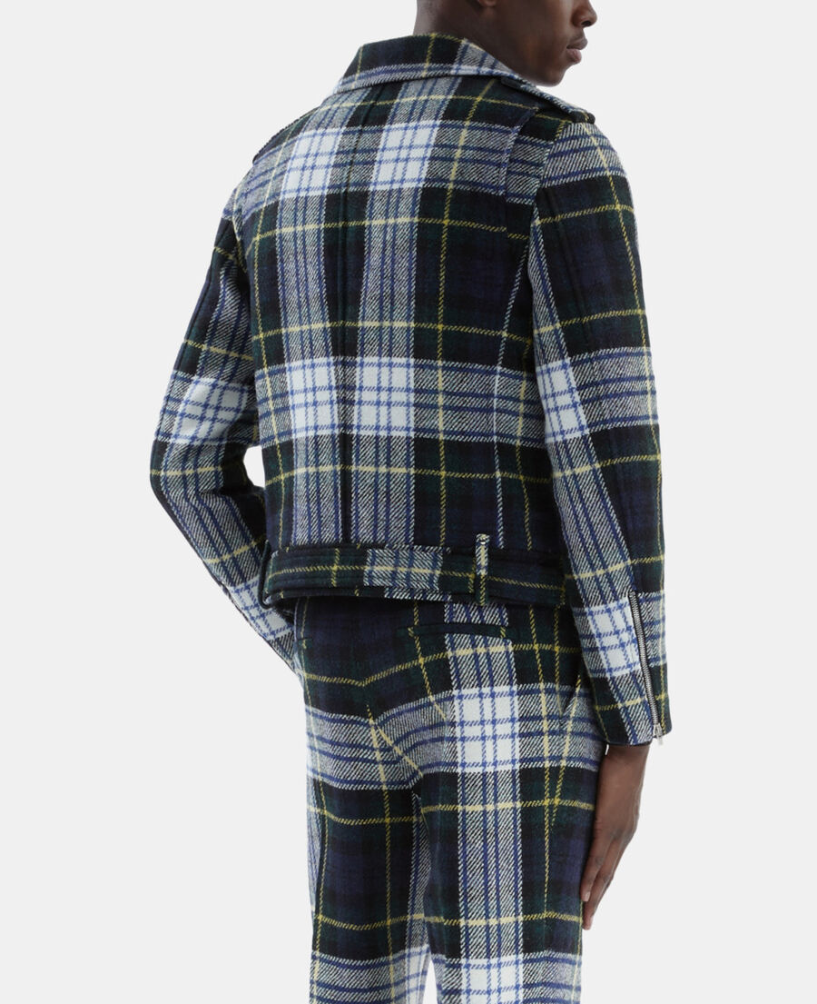 The Kooples MEN GREEN-WHITE green and navy blue check wool biker jacket the kooples x harris twed