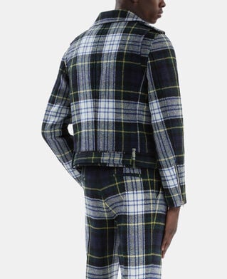 The Kooples MEN GREEN-WHITE green and navy blue check wool biker jacket the kooples x harris twed