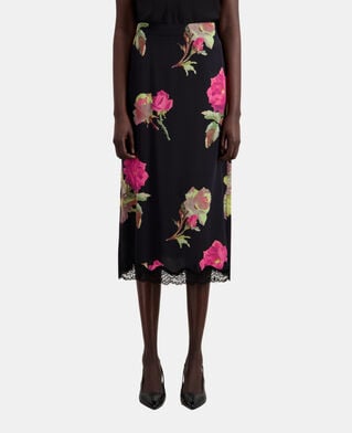 The Kooples WOMEN PINK BLACK long printed silk skirt with lace