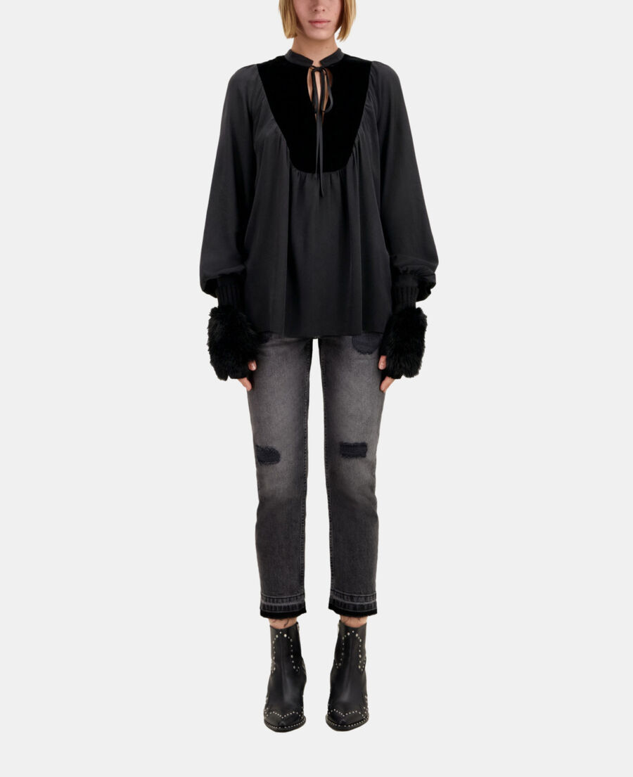 The Kooples FEMME BLACK top noir en soie avec empi&egrave;cement en velours