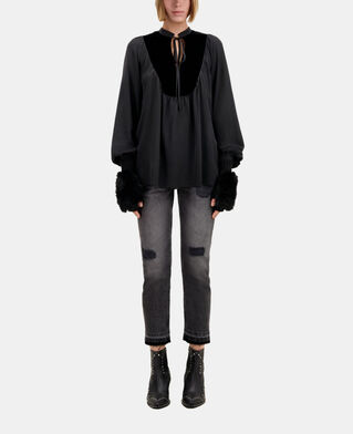 The Kooples FEMME BLACK top noir en soie avec empi&egrave;cement en velours