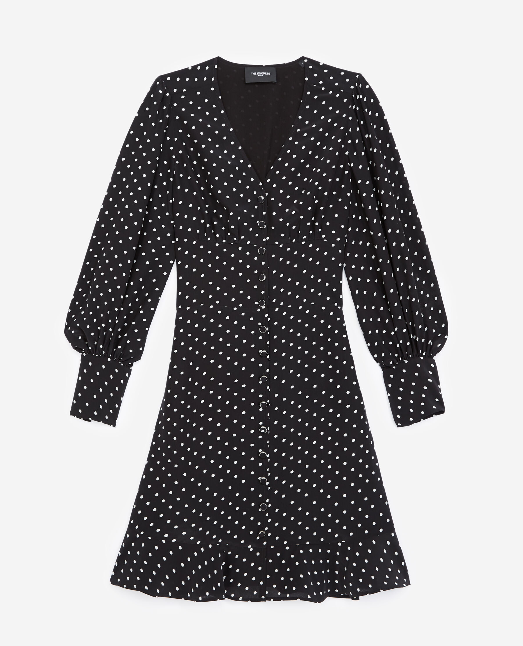 Buttoned short black dress with polka dots