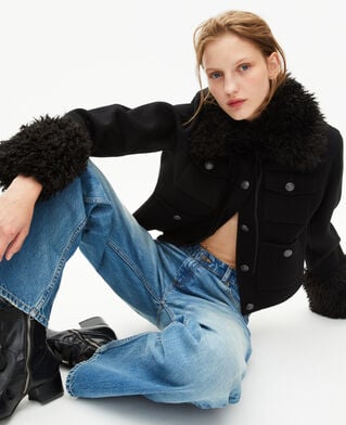 The Kooples F BLACK short black wool jacket with sherpa collar