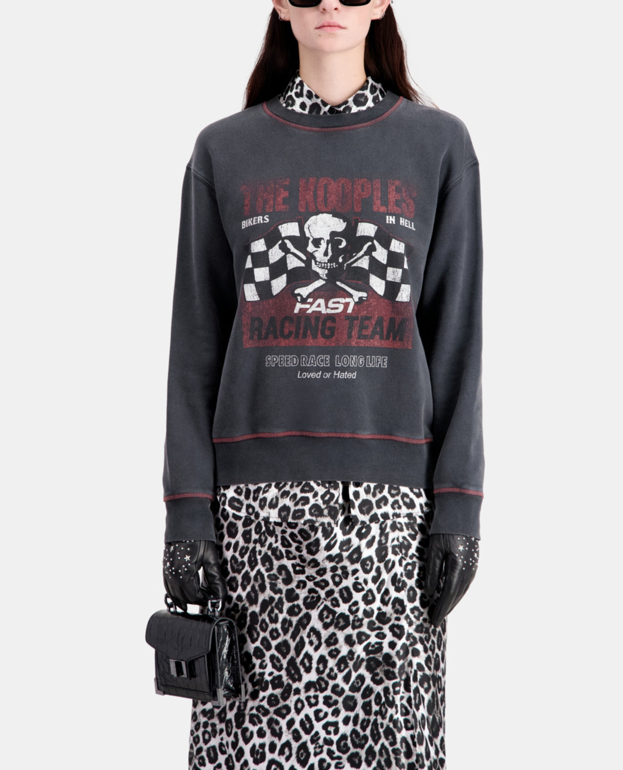 Women's Black sweatshirt with Racing skull serigraphy, BLACK WASHED, hi-res image number null