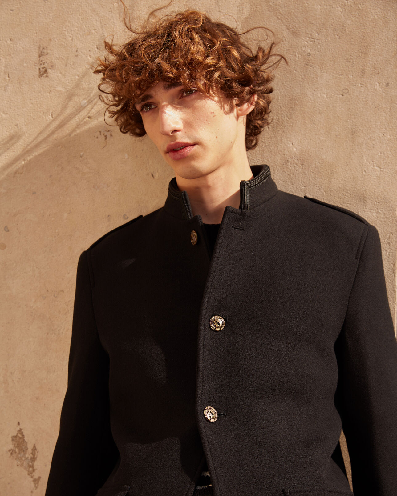 The Kooples MEN BLACK oversized wool coat with leather collar