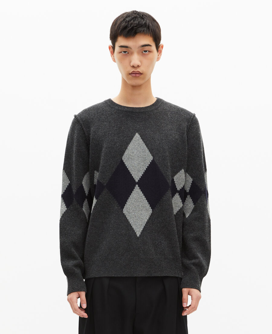 The Kooples MEN GREY BLUE gray diamond pattern wool sweater