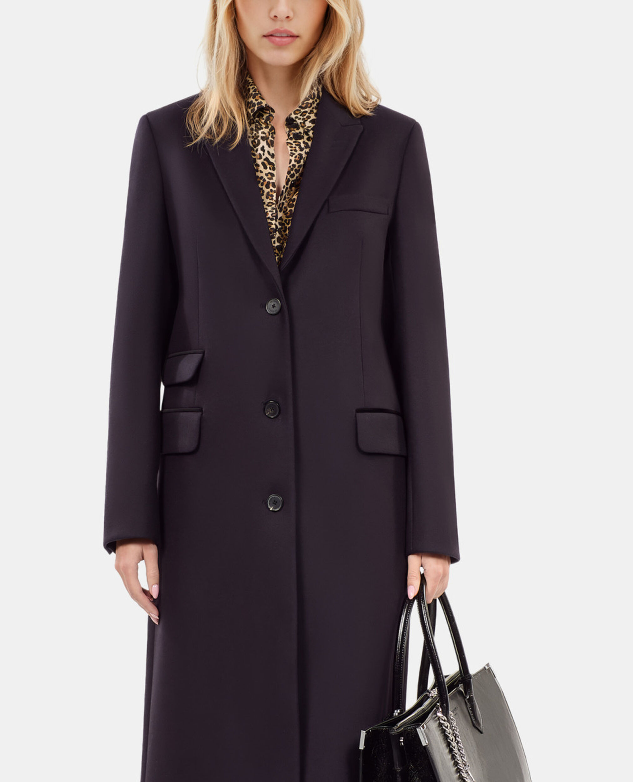 Manteau long en laine mélangée bleu marine, NAVY, hi-res image number null