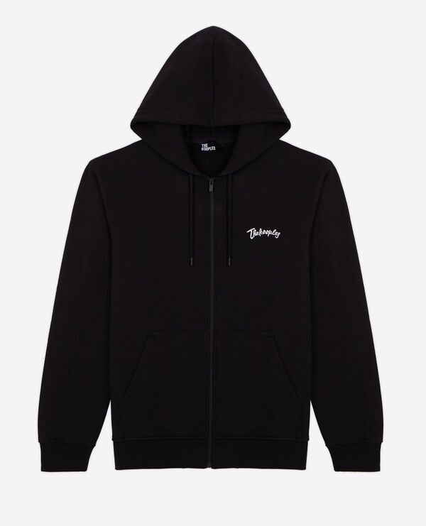 zipped black hooded sweatshirt with embroidery