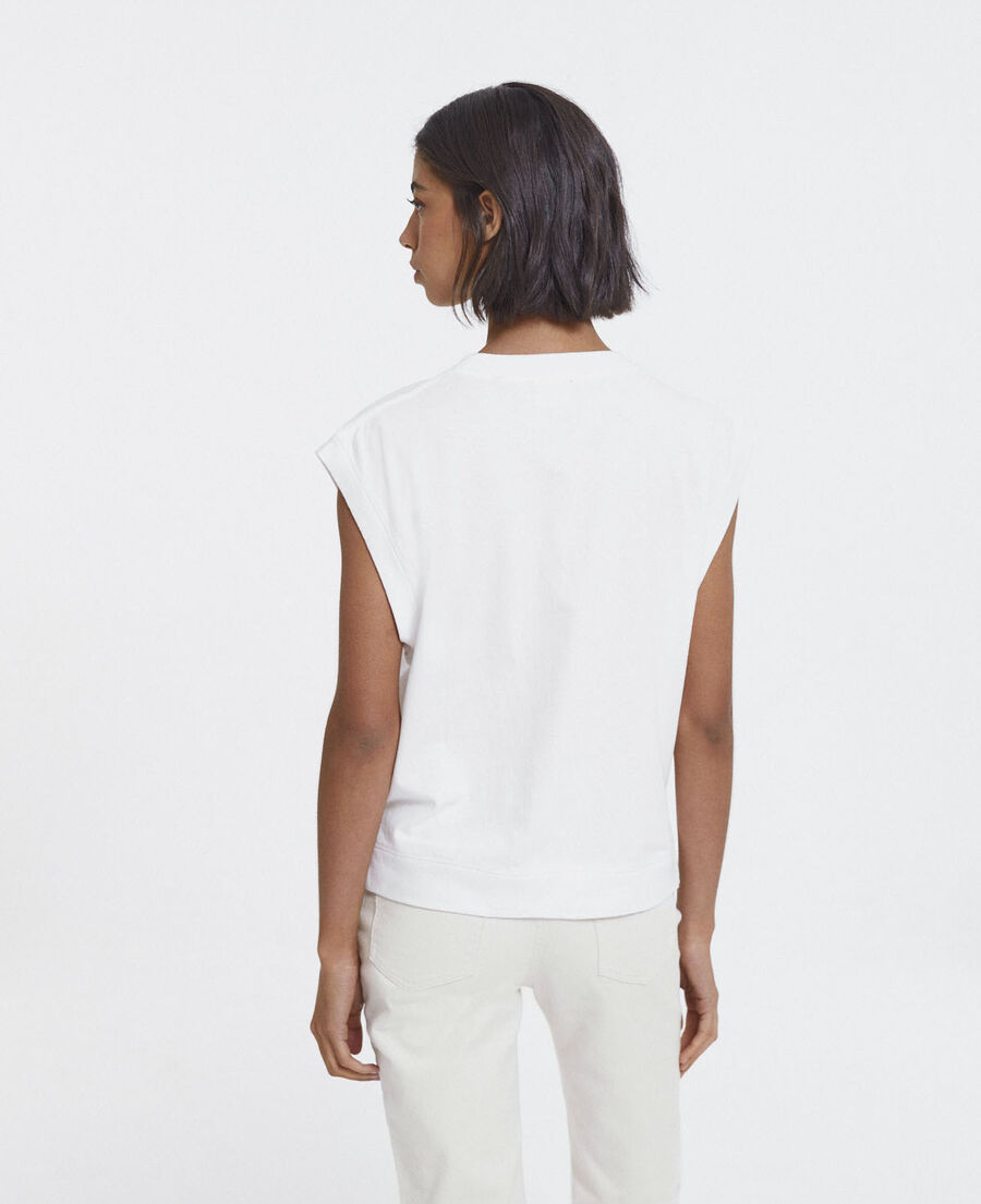 sleeveless printed ecru cotton t-shirt
