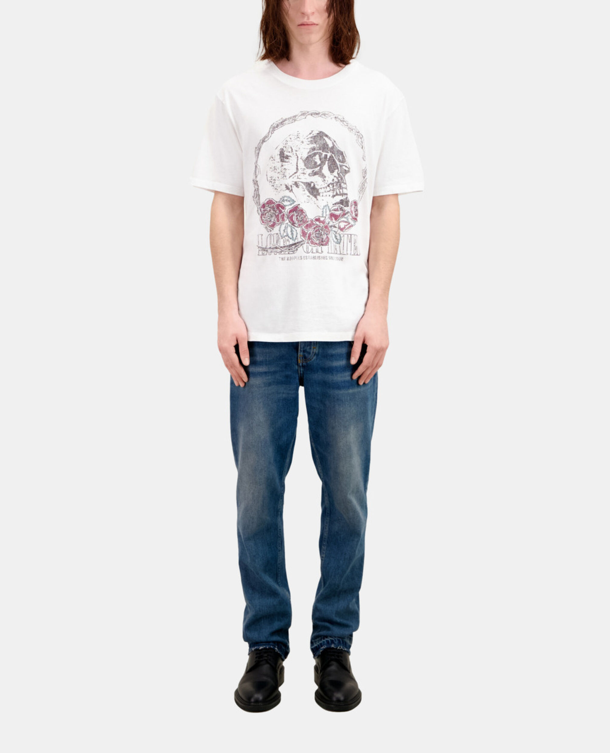Men's white t-shirt with vintage skull serigraphy, WHITE, hi-res image number null